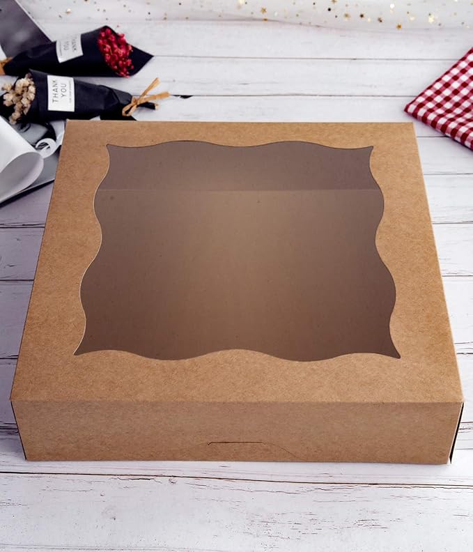 CHERRY 12"x12"x3" Brown Bakery Boxes with PVC Window for Pie and Cookies Boxes Large Natural Kraft Paper Box, Pack of 12