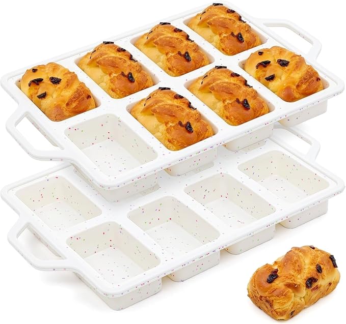 Vinino 2 Pack Mini Silicone Loaf Pans, 8-Cavity Metal Reinforced Frame Pans | Non-Stick Easy Release Heat Resistant Bakeware, Reusable Small Mini Banana Bread & Cake Baking Pans for Daily Baking