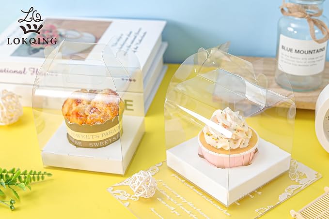 12 PCS Individual Cupcake Containers Single Cupcake Boxes with Handle and Inserts Clear Plastic Favor Boxes