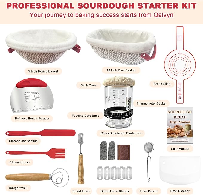 Sourdough Bread Baking Supplies, Sourdough Starter Kit with Cotton Rope Oval & Round Bread Proofing Basket and Sourdough Starter Jar, Artisan Bread Making Kit Ideal Gift for Bakers, Women Wife Mom Red