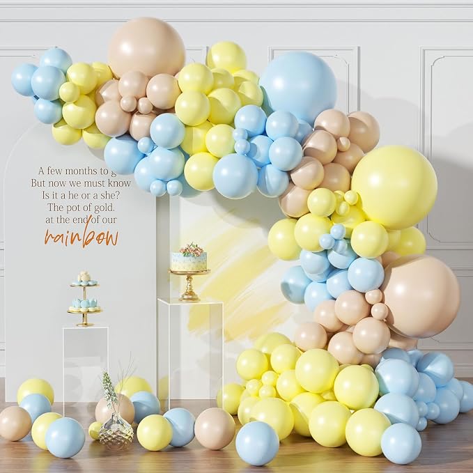 Pastel Blue Yellow Balloon Arch Kit 154pcs Macaron Baby Blue Pastel Yellow and Light Brown Latex Balloons for Baby Shower Bee Bear Theme Birthday Bridal Wedding Party Decorations