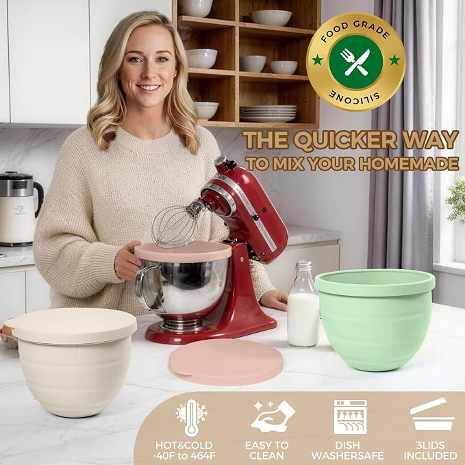 Forenee 5Qt Silicone Bowl Liners for KitchenAid Tilt-Head Stand Mixer | 3-Pack Collapsible kitchen aide bowl liners with Lids, Non-Stick, Space-Saving Baking Prep Inserts