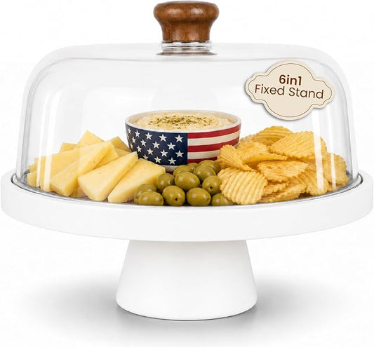 Acacia Wood Cake Stand with Lid Anti-Mold 12 Inch - 2-in-1 Wooden Charcuterie Board - Covered Dessert Plate with Acrylic Dome - Vintage Pastry Display - Tall Domed Serving Stand Platter - White