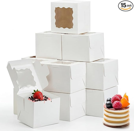 Moretoes 15pcs 6x6x5in Cake Boxes Bakery Carriers, Small Bento Cake Containers Cookie Boxes with Window, White Mini Cupcake Carriers Treat Containers for Dessert, Mother's Day, Valentine's Day