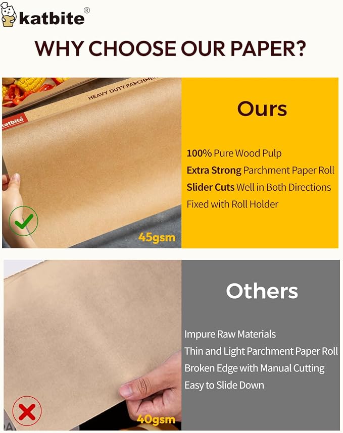 Unbleached Parchment Paper Roll for Baking 12in x 262ft, 260 Sq.Ft, Heavy Duty & Non-stick Baking Paper with Slide Cutter, Brown Parchment Paper for Cooking, Air Fryer, Steaming, Bread