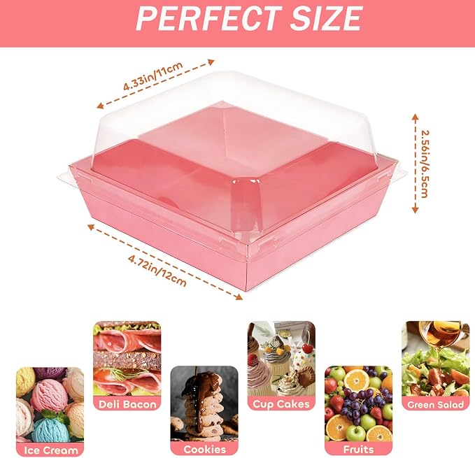 50Pcs Small Kraft Charcuterie Boxes with Clear Lids - Paper Mini Appetizer Plates for Sandwich, Cookie, Sushi, Cake Slice, and Strawberries, Pink