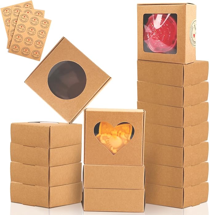 Moukiween 30 PCS Brown Soap Boxes for Homemade Soap, 2.95 X 2.95X 1.18 Inch Packaging Gift Boxes with Window, Small Square Soap Wrapping Boxes (Brown)