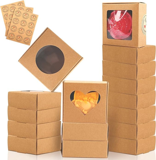 Moukiween 30 PCS Brown Soap Boxes for Homemade Soap, 2.95 X 2.95X 1.18 Inch Packaging Gift Boxes with Window, Small Square Soap Wrapping Boxes (Brown)