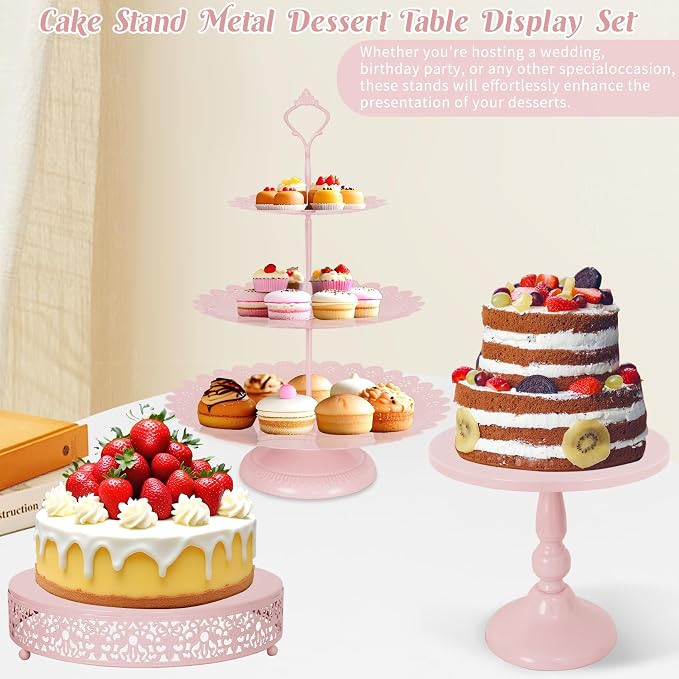 Fivenl 8 Pcs Cake Stand Pink Metal Dessert Table Display Set, 3-Tier Cupcake Stand, Cake Display Tower and Cookie Tray Rack Serving Tray for Birthday Party, Weddings, Baby Shower (Pink)