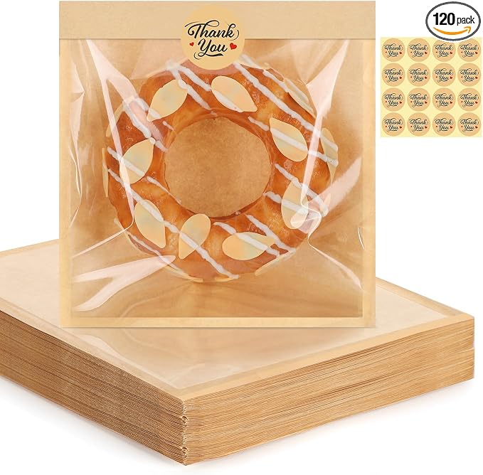 120 Pack Cookie Bags with Seal, 7.1x7.5 Inch Self Sealing Paper Bakery Bags with Window, Heat Sealable & Grease Resistant To Go Sleeves for Donuts Scone Brownie Snacks