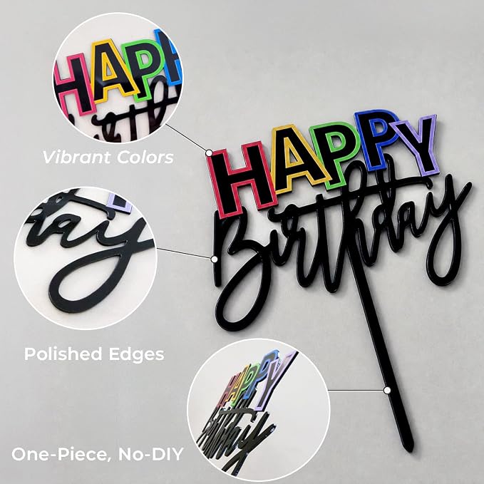 Acrylic Black Happy Birthday Cake Topper, 7.5" x 6" Rainbow Birthday Cake Decoration (Black)