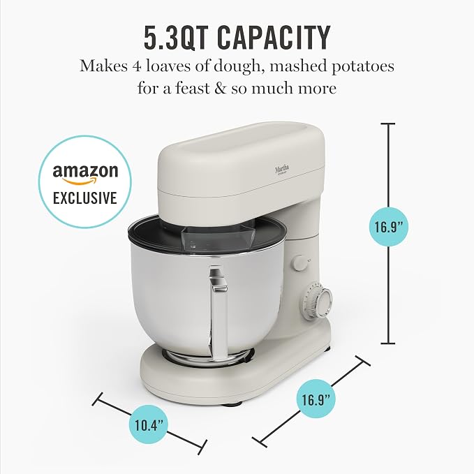 Martha Stewart 5.3Qt Stand Mixer, 12-Speed Tilt-Head Electric Kitchen Mixer with Stainless Steel Bowl, Dough Hook, Whisk & Beater, Splash Guard, Ideal for Baking Bread, Cake & Whipping, Linen Cream