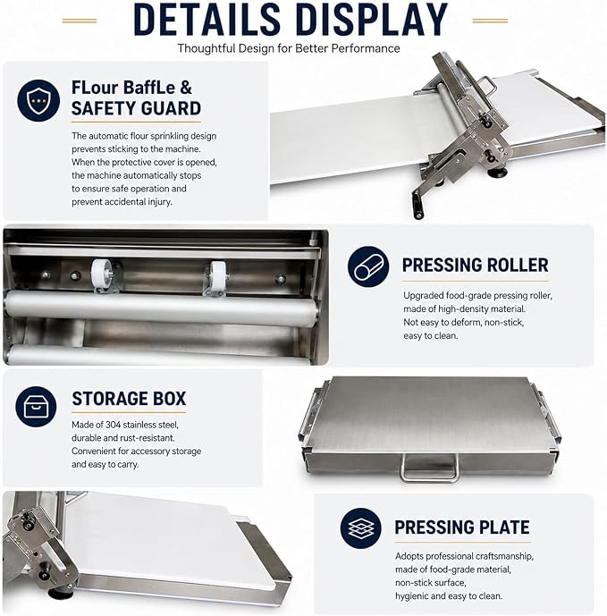 Folding Dough Sheeter, Countertop Dough Sheeter,Dough Roller Machine Stainless Steel Sheeter 0.2-25mm Adjustable Thickness Stainless Steel Manual Dough Sheeter Machine With Boa Length 40''