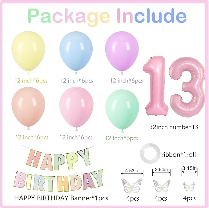 13th Birthday Decorations For Girls -12 Inch Pastel Balloons, 32 Inch Pink 13 Balloon, 3D Butterflies Stickers, Happy Birthday Banner For Teen Girl 13th BD Decorations