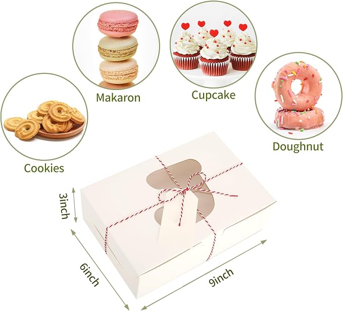 BEAVOING 24 PCS Christmas Cookie Boxes, 9x6x3 Inches Bakery Boxes with Window Pastry Treat Boxes for Chocolate Strawberries, Cupcakes, Muffins, Dessert Donuts Gift-Givingand Party（White）