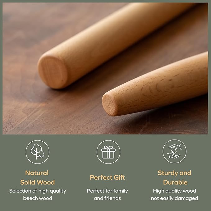 Muso Wood French Rolling Pin and Silicone Baking Mat Set, 15.75 Inch Beech Wood Tapered Rolling Pin for Fondant Pie Crust Cookie Pastry