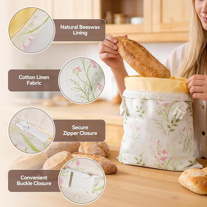2 Pack Beeswax Bread Bags for Sourdough, Reusable XL Zipper Cotton-Linen Bread Bags for Homemade Bread, Keep Fresh Longer for Bakery, Loaves, Pastry (2, Colorful Flowers)
