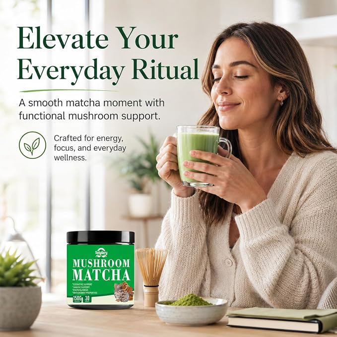 Suiyilary Mushroom Matcha, Ceremonial Matcha Tea Powder with 7 Superfood Mushrooms, Gluten Free, Taste Great Hot or Cold Matcha Latter - 150g 30 Serving
