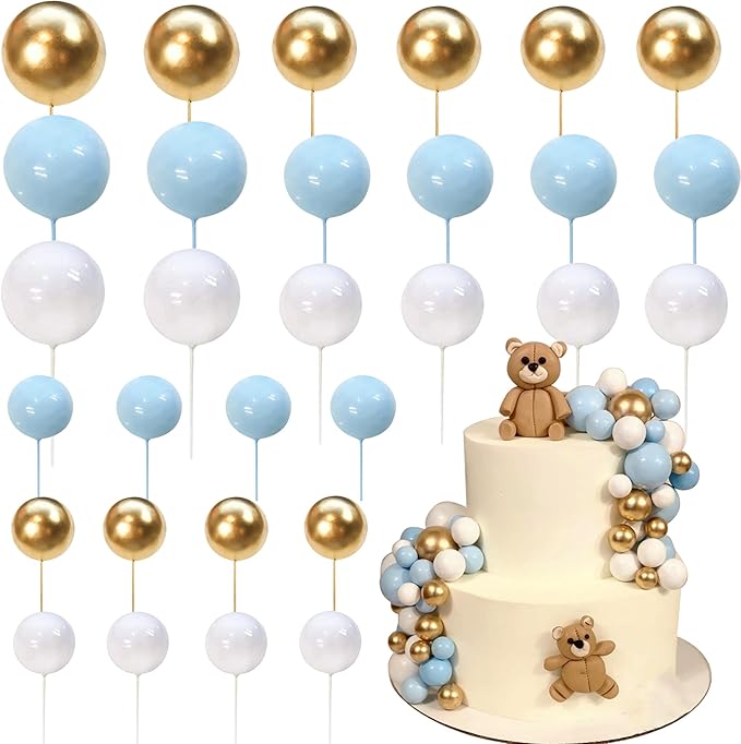 24 PCS Colorful Ball Cake Topper Mini Balloon Cupcake Toppers DIY Foam Ball Cake Insert Decoration for Wedding Anniversary Baby Shower Birthday Party Decorations Supplies Blue Gold White