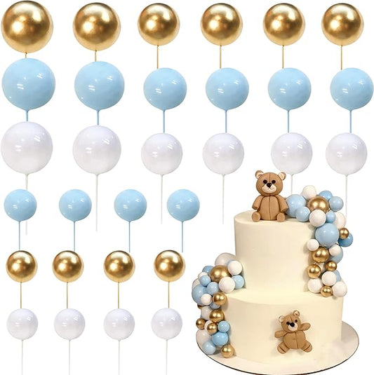 24 PCS Colorful Ball Cake Topper Mini Balloon Cupcake Toppers DIY Foam Ball Cake Insert Decoration for Wedding Anniversary Baby Shower Birthday Party Decorations Supplies Blue Gold White