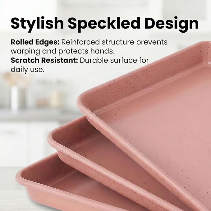 Toaster Oven Baking Pans Set of 3, Small 11x9 Inch Pink Nonstick Sheet Pans for Compact Ovens, Quarter Sheet Size for Roasting Vegetables, Brownies & Small Batch Cooking