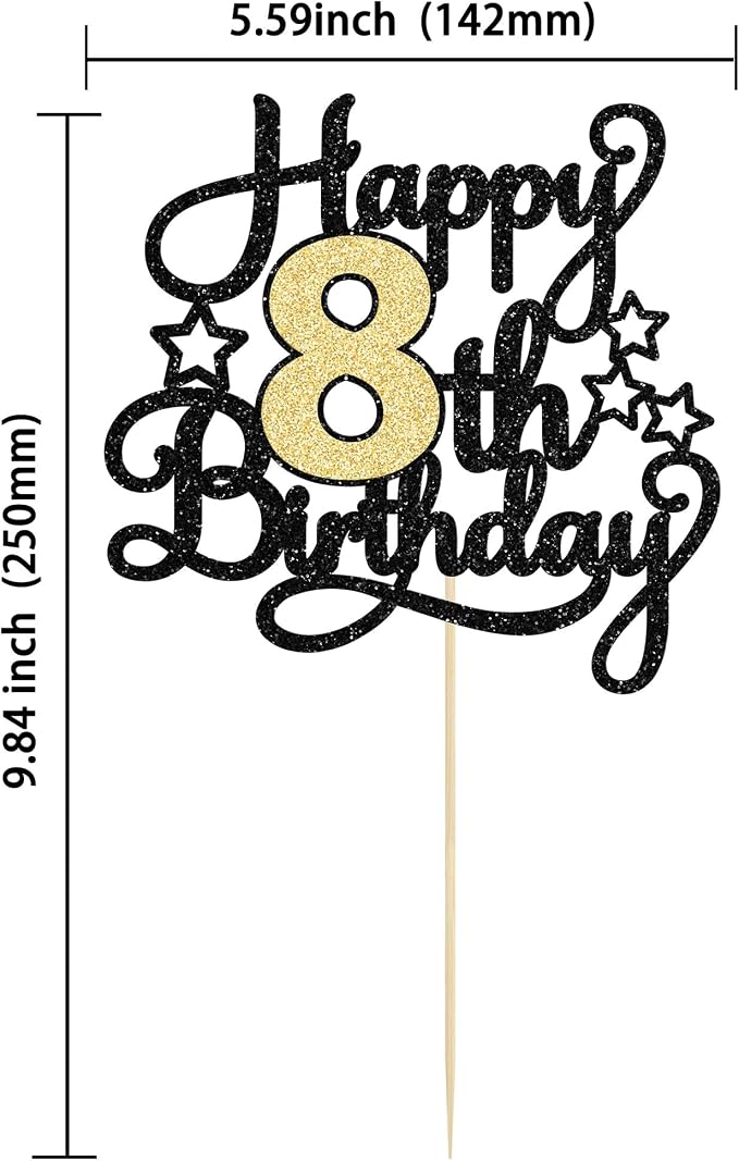 1Pc 8th Happy Birthday Cake Topper Glitter Cheers to 8 Years Cake Pick Decoration for 8th Birthday Party Supplies Black Gold