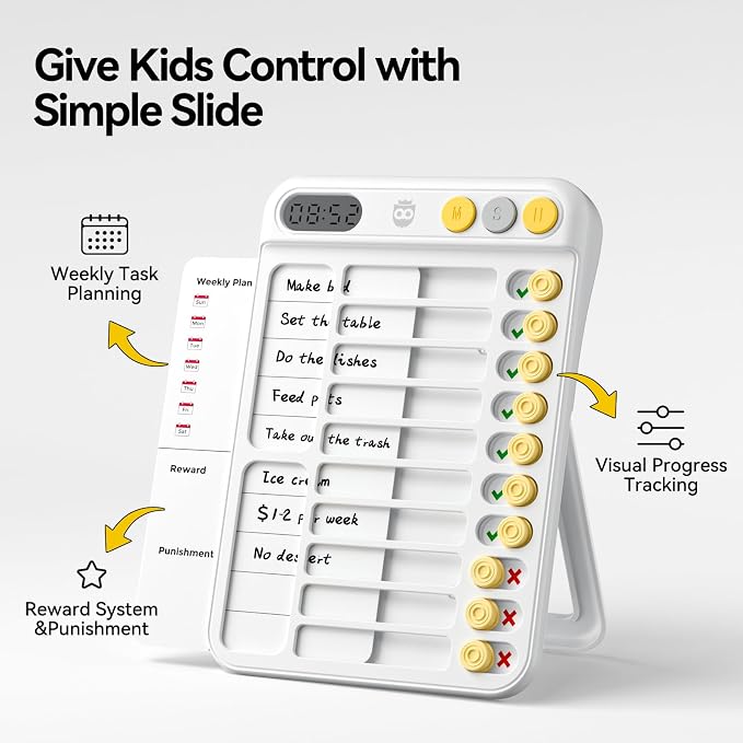Chore Chart for Kids with Timer, 21 PCS Checklist Magnetic Schedule Board, ADHD Tools with 99-Min Countup/Down Visual Timer, Bedtime/Morning/Daily Routine Chart Dry Erase to Do List with Slider(White)