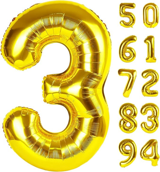 Gold 3 Balloon, Number Balloon 40 Inch, 3rd Three Year Old Birthday Deco, Gold Party Supplies for Party Decorations, Number 3 Balloon