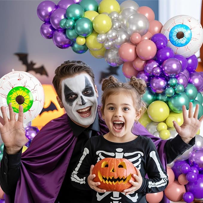 Halloween Balloon Arch Garland Kit, Pink Green Purple Balloons With Blue Green Eyeball Foil Balloons For Halloween Ghost Masquerade Spooky Vampire Scary Themed Birthday Party Decorations