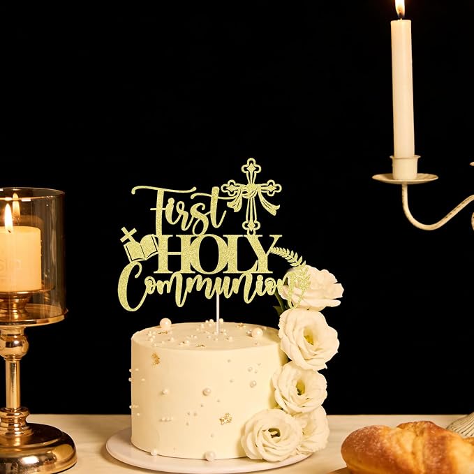 Gold glitter First Holy Communion Cake Topper-Suitable for Ramadan, Baptism, Religious Baptism,Baby Shower, God Bless, Communion Party, Wedding, Communion Party Decoration Supplies