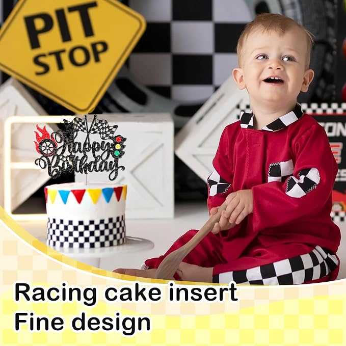 MEMOVAN Race Car Happy Birthday Cake Topper Car Birthday Cake Topper Glitter Checkered Flag Cake Decoration Racing Car Cake Pick with Traffic Light Trophy Wheel for Boy Girl Man Racing Car Theme Party