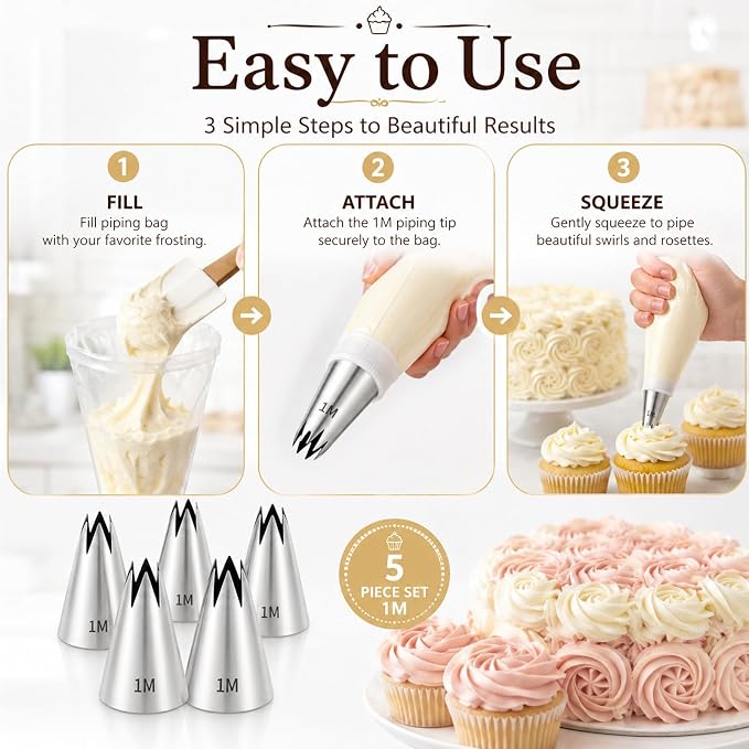 5 Pcs 1M Piping Tip Set For Icing Cupcake Cake Decorating | Stainless Steel, Reusable, Standard Size Fits Most Couplers