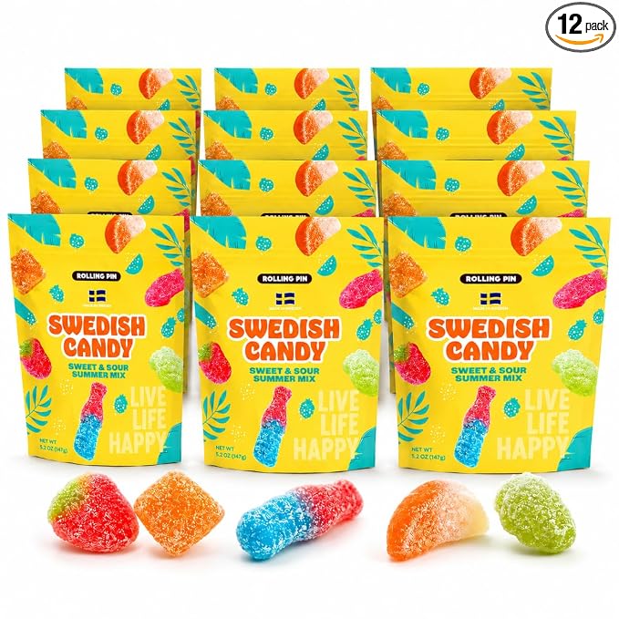 Rolling Pack of 12 Pin Sweet & Sour Summer Mix Gummy Swedish Candy - 64 oz