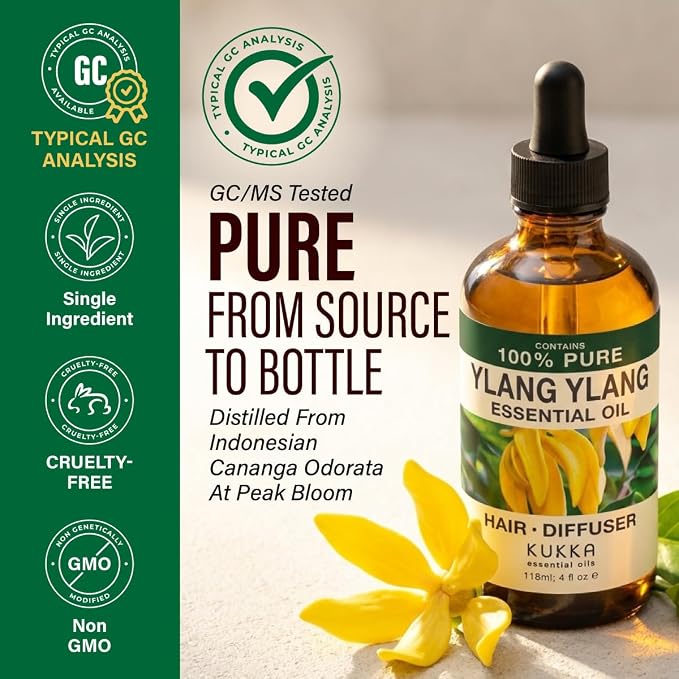 100% Pure Ylang Ylang Oil - 4 Fl Oz Ylang Ylang Essential Oil for Hair, Skin, Diffuser, Aromatherapy & DIY Soap Making Scent