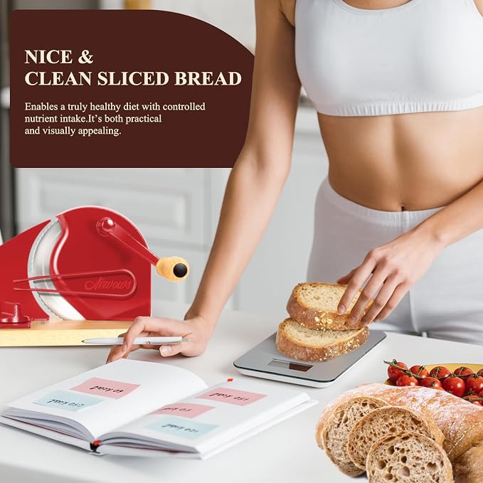 Manual Bread Slicer for Homemade Bread,Even Slicing Thickness-Adjustable Slices,Sourdough Slicer with Scale Lines&SuperStrong SuctionCup Fixation (Red-Guide)