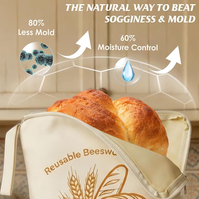 2 Pack Reusable Beeswax Bread Bags with Wide L-Shaped Zipper for Homemade Bread Sourdough - 17x13 Large Organic Cotton Linen Storage Bag - Moisture Lock Keeps Bread Fresh, Easy to Clean