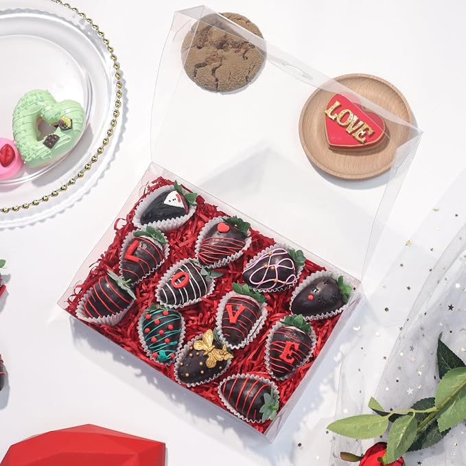 RomanticBaking 50PCS 10x7x2 inches Clear Cookie Boxes Strawberry Boxes Bakery Boxes Macaron Boxes Gift Boxes Treat Boxes for Party Favors