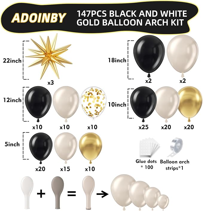 Black Gold White Balloon Arch Kit, Double Stuffed Pearl Sand White Black Chrome Gold Confetti Balloon 22 18 12 10 5 Inch Balloons Garland Kit for Birthday Graduation New Years Party Decoration