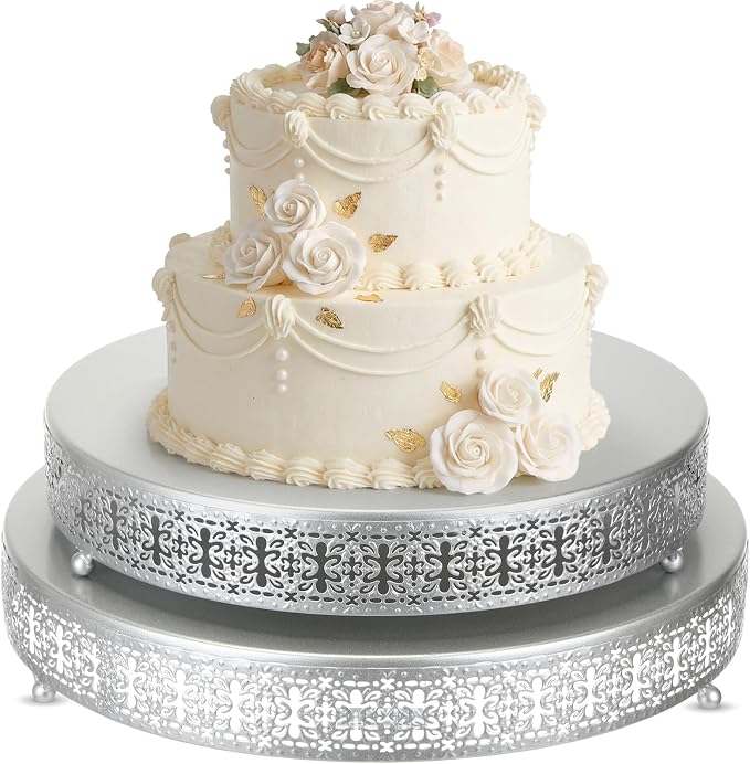 Wenqik 2 Pack Cake Stand Set, 14/16 Inch Metal Round Cupcake Dessert Stand Decorative Elegant Cake Display for Weddings Party Birthday Baby Showers Anniversary(Ornate Floral,Silver)