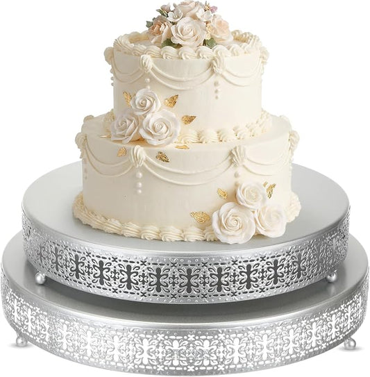 Wenqik 2 Pack Cake Stand Set, 14/16 Inch Metal Round Cupcake Dessert Stand Decorative Elegant Cake Display for Weddings Party Birthday Baby Showers Anniversary(Ornate Floral,Silver)