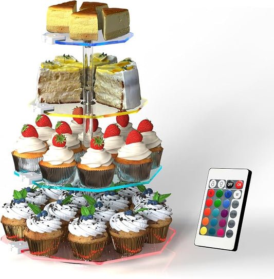 4-Tier Rotating Cupcake Stand with LED Lights - 360° Spinning Display Tower for Desserts, Cakes & Pastries - Rechargeable 7-Color Changing Serving Tray for Weddings, Parties & Festive Gatherings (Polygon Clear Acrylic)