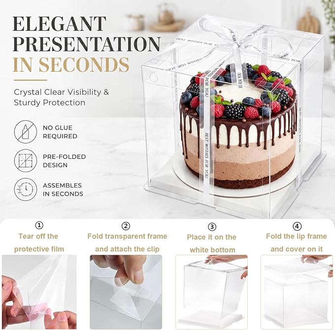 8 Pcs 10x10x12Inch Clear Cake Box with Ribbon, High Cake Box for Bakery Dessert Bread Pastry Transparent Gift Boxes for Birthdays, Weddings and Holiday Parties