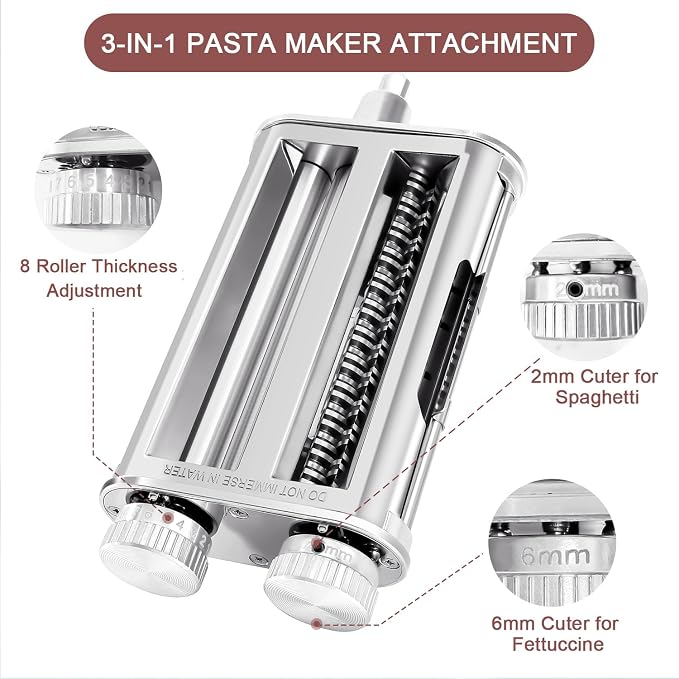 Pasta Maker Attachment for KitchenAid Stand Mixers, 3-in-1 Stainless Steel Pasta Roller & Cutter Set with Spaghetti and Fettuccine Blades, Includes 1 Metal Knob Screw Replacement