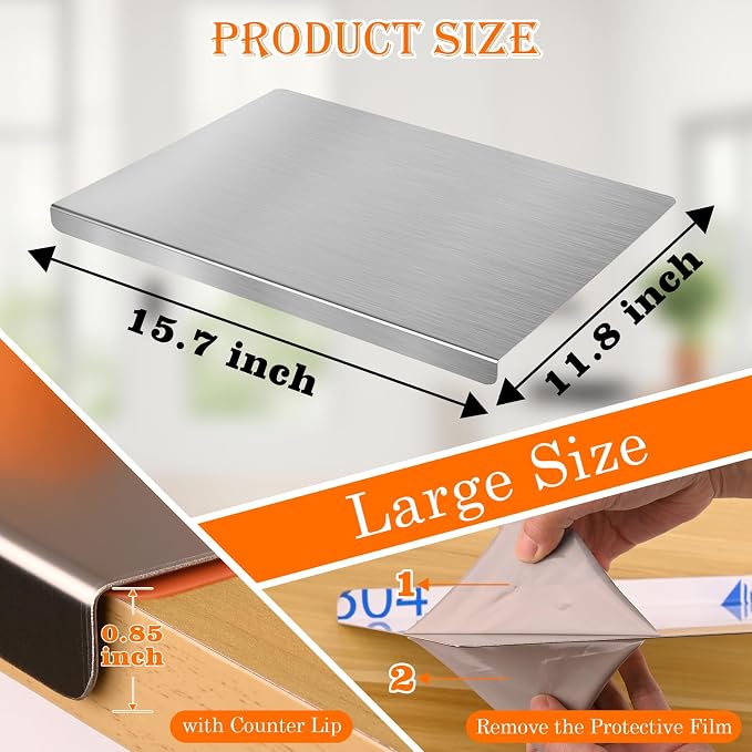 HUAKENER Large Stainless Steel Cutting Boards for Kitchen, Cutting Board with Counter Lip, Cutting Board with Silicone Mat for Meat, Fruits, Vegetables, Bread (15.7 x 11.8 Inch)