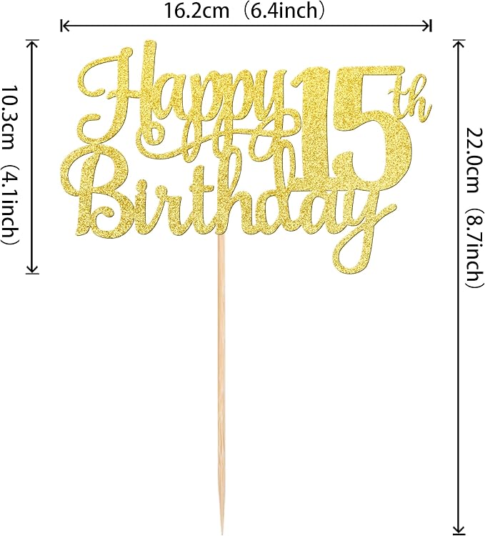 1 PCS Happy 15th Birthday Cake Topper Gold Glitter Cheers to 15 Years Birthday Cake Pick Mis Quince 15 Fabulous Cake Decoration for Happy 15th Birthday Theme Party Decorations Supplies