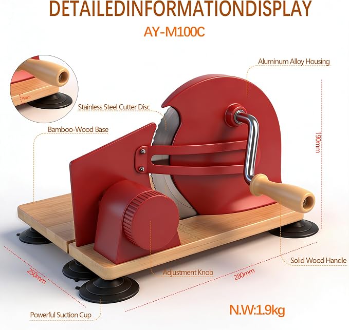 Sourdough Bread Slicer Machine Adjustable Thickness Stainless Steel Blade Bread Sourdough Cutter with 6 Large Suction Cups Foldable Compact Design Non-Slip Base for Homemade Bread Slicing (Red)
