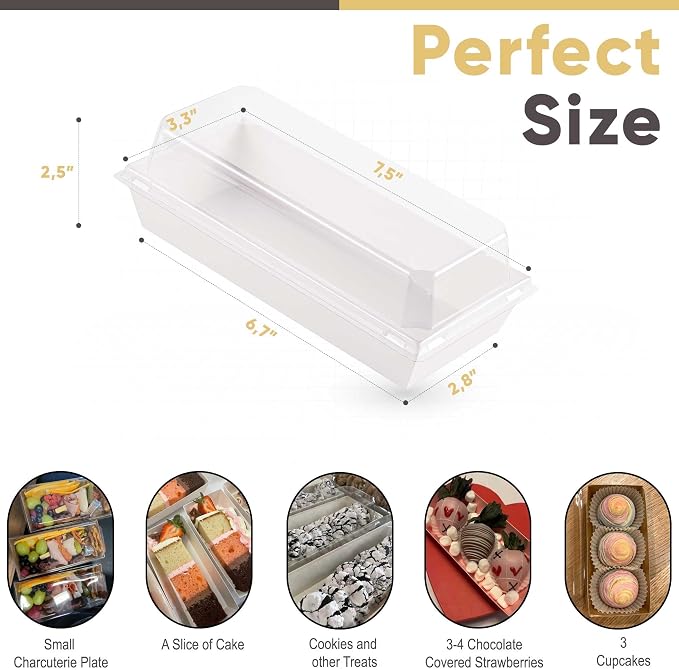 50 Pack 7.5x3.3 Inches Small Charcuterie Boxes with Clear Lids - To Go Paper Mini Treat Box, Charcuterie Boards Accessories, Dessert Boxes, Cookie, Cake Slice, Chocolate Strawberry, Donut (White)