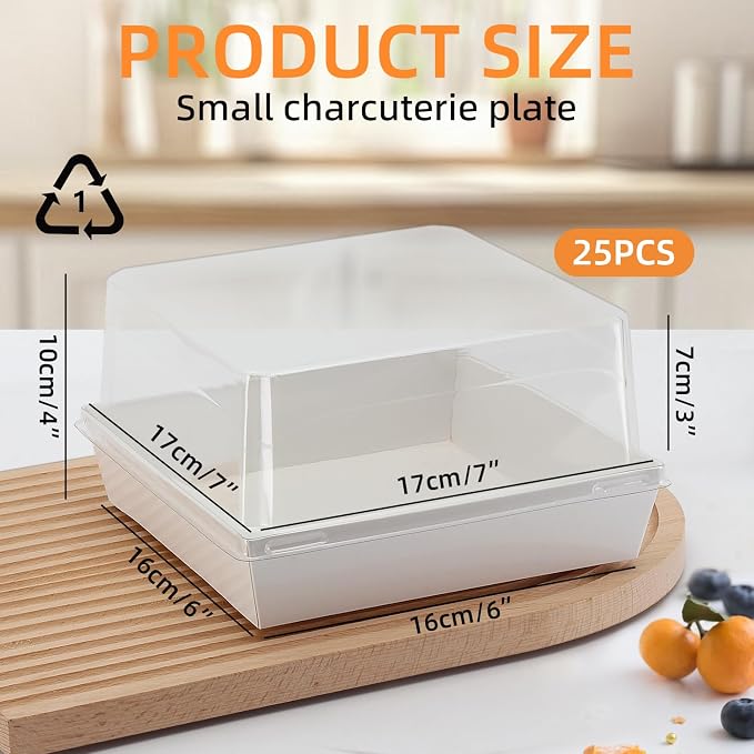 7 x 7 x 4 Inches Paper Charcuterie Boxes with Clear Lids, 25 Pack Large Clear Cake Boxes for 4-6 Inch Cake, Disposable Bakery Boxes Food Containers for Cupcakes,Pie,Cookies, Cocoa Bomb White