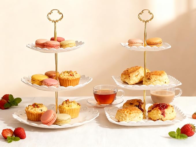 RAUVOLFIA 2 Pack of Plastic Round & Square Dessert Cupcake Stand, 3 Tier Cup Cake Holder Tower for Tea Party/Birthday/Wedding, Plastic Tiered Serving Tray (White)