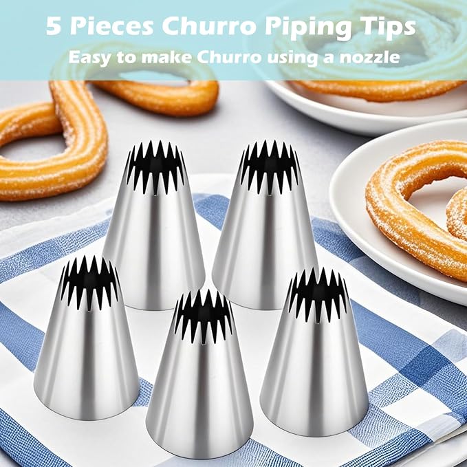 Hendiy Stainless Steel Churro Piping Tips, 5 Pieces | 9FT Large Piping Tip, Churro Maker Icing Tips, Pastry Tips, For Cake Decorating Frosting